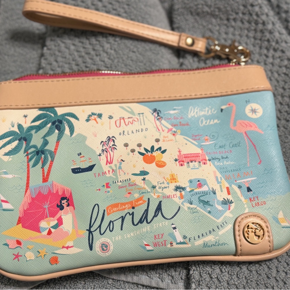 Spartina 449 Pink & Aqua Flamingo Map Wristlet with Tan Trim